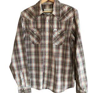 Hollister Co. Western Style Men's Shirt, Pearl Snaps Brown Plaid, Size Medium